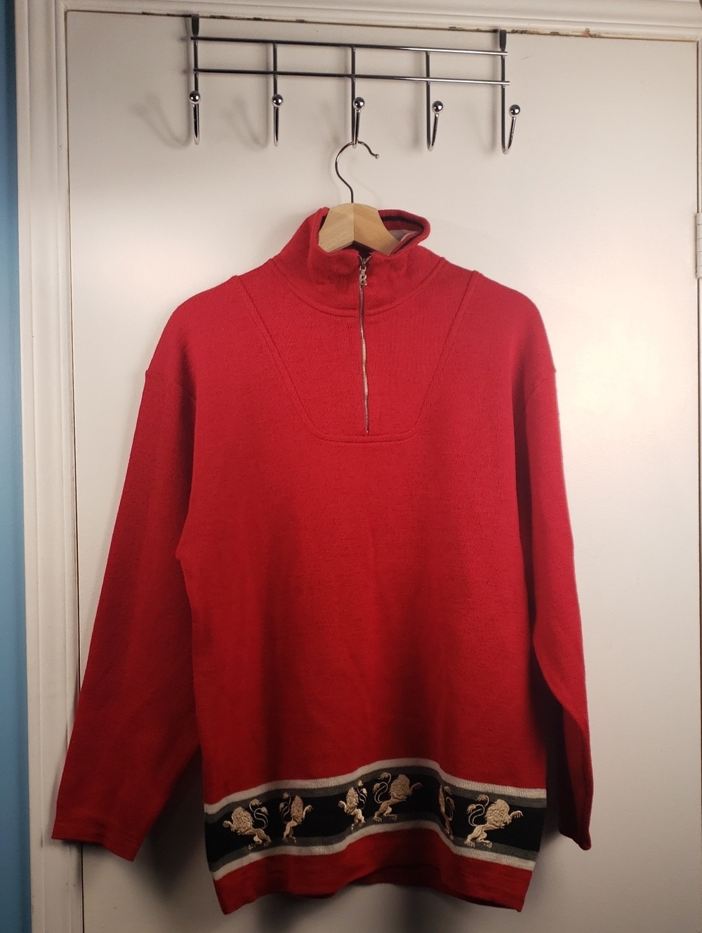 Bogner Wool Red Half-Zip Sweater with Embroidered Hem XL